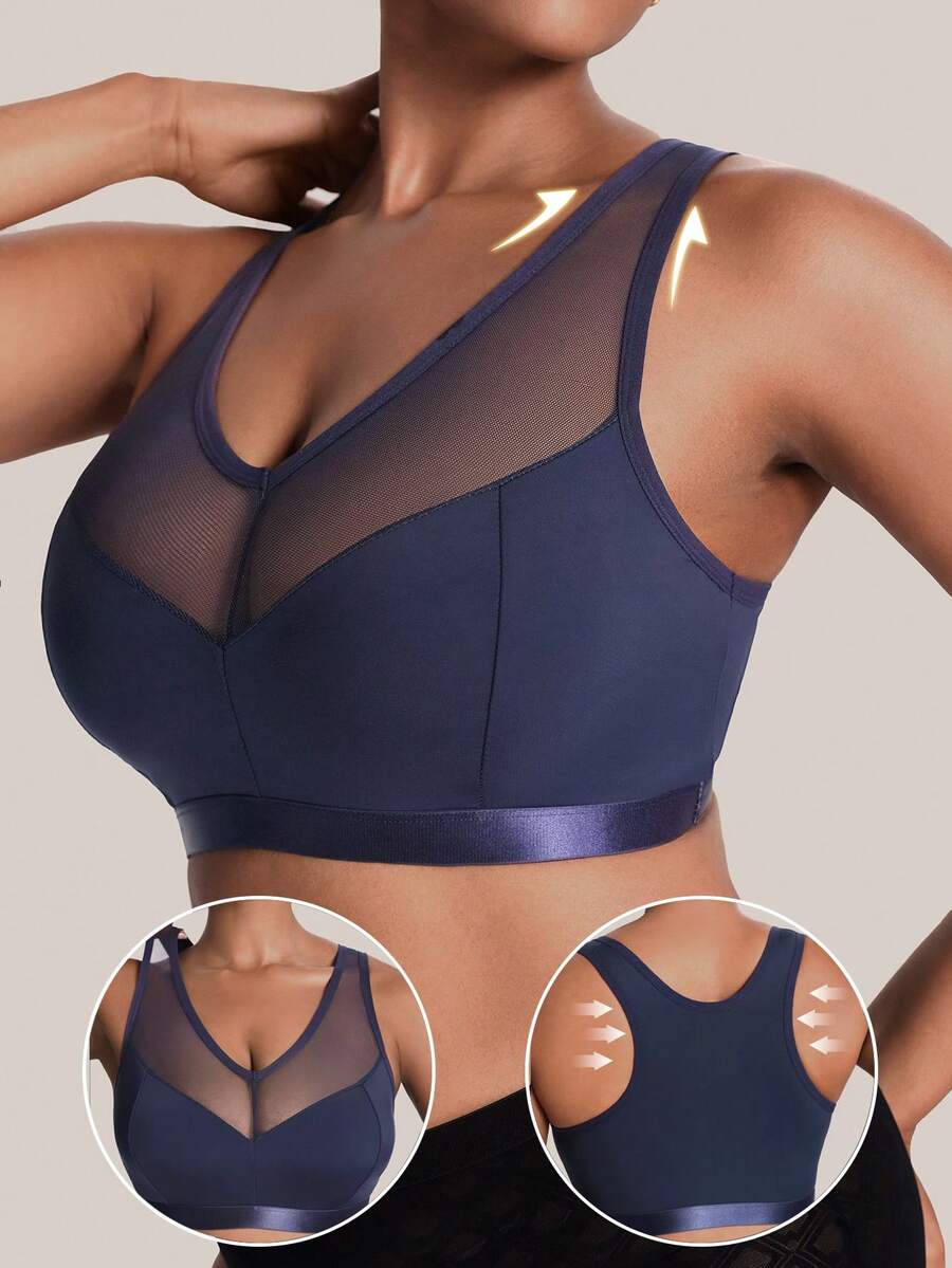 Barelissa Plus Size Women Comfortable Mesh Patchwork Wireless Bra - Blue - View 1
