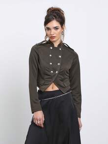 COUREZ Military Napoleon Drummer Fitted Jersey Jacket Y2K Vintage Autumn Fall For Women Going Out Night Out Club Olive Green - Mocha Brown - View 2