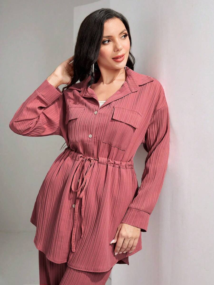 Graceveil Conjunto de 2 piezas con camisa de bolsillo con solapa y cintura con cordón & pantalones de pierna ancha, estilo modesto - Rosa Oxidada - Ver 1