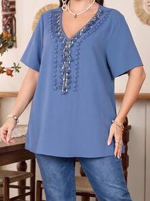 Lacomfia Chemise ample et confortable pour femmes, manches courtes, style décontracté, avec franges en forme de coquillage, grande taille - Bleu azur - Voir 5