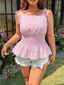 SHEIN EZwear 大尺碼女款格紋百褶抓皺休閒百搭日常出遊襯衫 - 淺粉色 - 查看 4