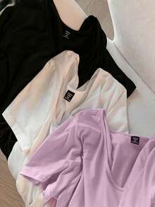 SHEIN EZwear Bộ 3 áo thun cổ chữ V mềm mại, màu trắng + đen + tím nhạt, cỡ lớn, dễ phối đồ cho mùa xuân và hè. - Bụi tím - Xem 3