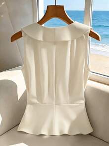 Franclia Blusa corta amarilla para mujer de verano, diseño elegante francés casual con volantes, cuello en V, sin mangas, ajuste ceñido, favorecedora y versátil - Albaricoque - Ver 2