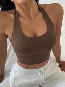 DAZY Light Shaping Solid Color Minimalist Wearable Sports Bra Tank Top For Women - Coffee Brown - View 4