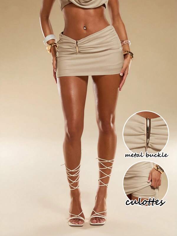 Normani Women's Gold Sexy Mini Skirt, Elegant Ruched Metal Buckle Decoration Skirt, Sexy Summer. Night Party