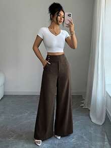SHEIN Elenzya بنطلون بدلة نسائي بتصميم درابيه وتنحيف بخصر عالي وأزرار جانبية من قماش التويل بلون قهوة جديد، ستايل أنيق بسيط وراقي "Old Money" رومانسي وعصري، مناسب للخروجات الصيفية والعمل والزفاف والتنقل اليومي - قهوة بني - مشاهدة 6