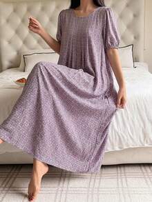 DAZY All-Over Pattern Lightweight Round Neck Short Sleeve Long Dress Summer Outfit Women's Nightgown - Purple - View 5