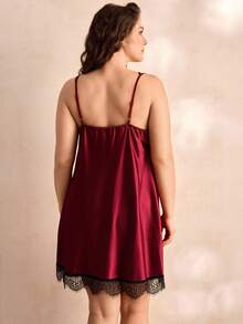 Charlaine Color Block Lace Deep V-Neck Plus Size Silk-Like Satin Nightgown Pajama Dress - Burgundy - View 3