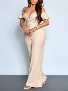 SOLERSUN Jumpsuit Wanita Ukuran Plus Warna Beige Musim Panas Elegan Tanpa Bahu Lengan Ruffle untuk Acara Malam Hari di Klub, Leher V Pinggang Tinggi Kaki Lebar Bagian Atas Berkerut - Aprikot - View 4