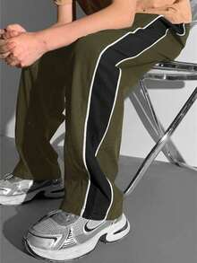 Tween Boy Sports Casual Colorblock Webbing Long Pants - Army Green - View 1