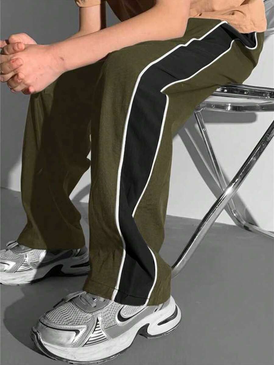 Tween Boy Sports Casual Colorblock Webbing Long Pants - Army Green - View 1