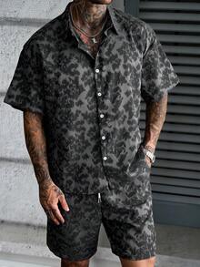 SLATEMANN 男士印花短袖单排扣衬衫和短裤套装 - 深灰色 - 查看 8