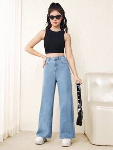 SHEIN Teen Girl Loose Straight Leg Denim Jeans With Pockets - Light Wash - View 3
