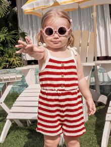 Cozy Pixies Baby Girl Contrast Color Striped Pattern Knit Soft Suspender Romper Shorts - Red - View 6