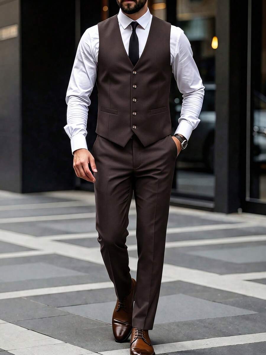 Manfinity Mode Men's Minimalist Button Vest Blazer With Pocket & Casual Long Pants Suit Set, Formal - Brown - View 1