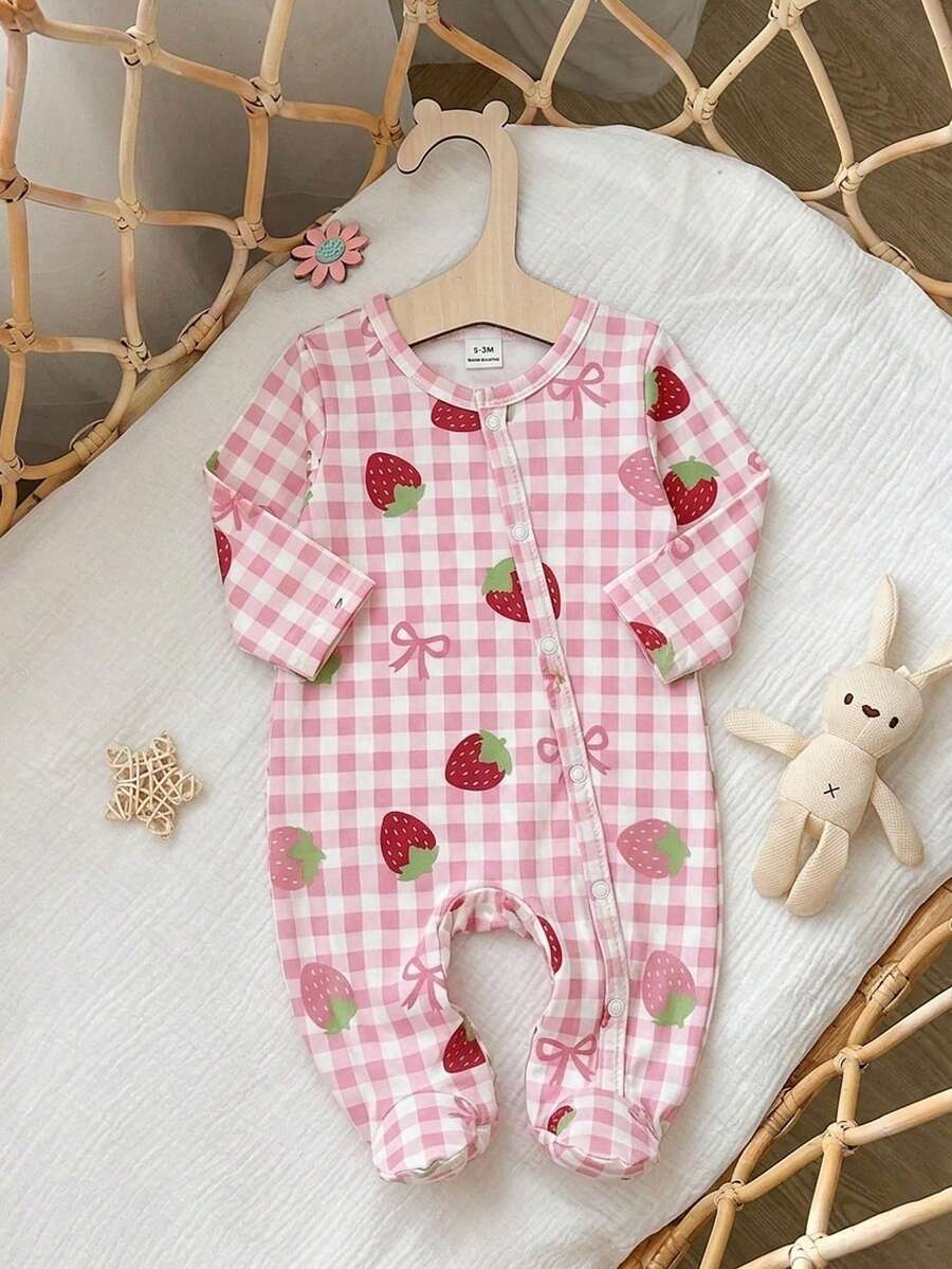 SHEIN 新生女宝宝可爱蝴蝶结印花针织柔软休闲圆领长袖连体衣，带脚套，柔软舒适，适合情人节服装和礼物