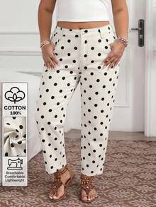 EMERY ROSE Women's Plus Size Polka Dot Long Pants - Black and White - View 1