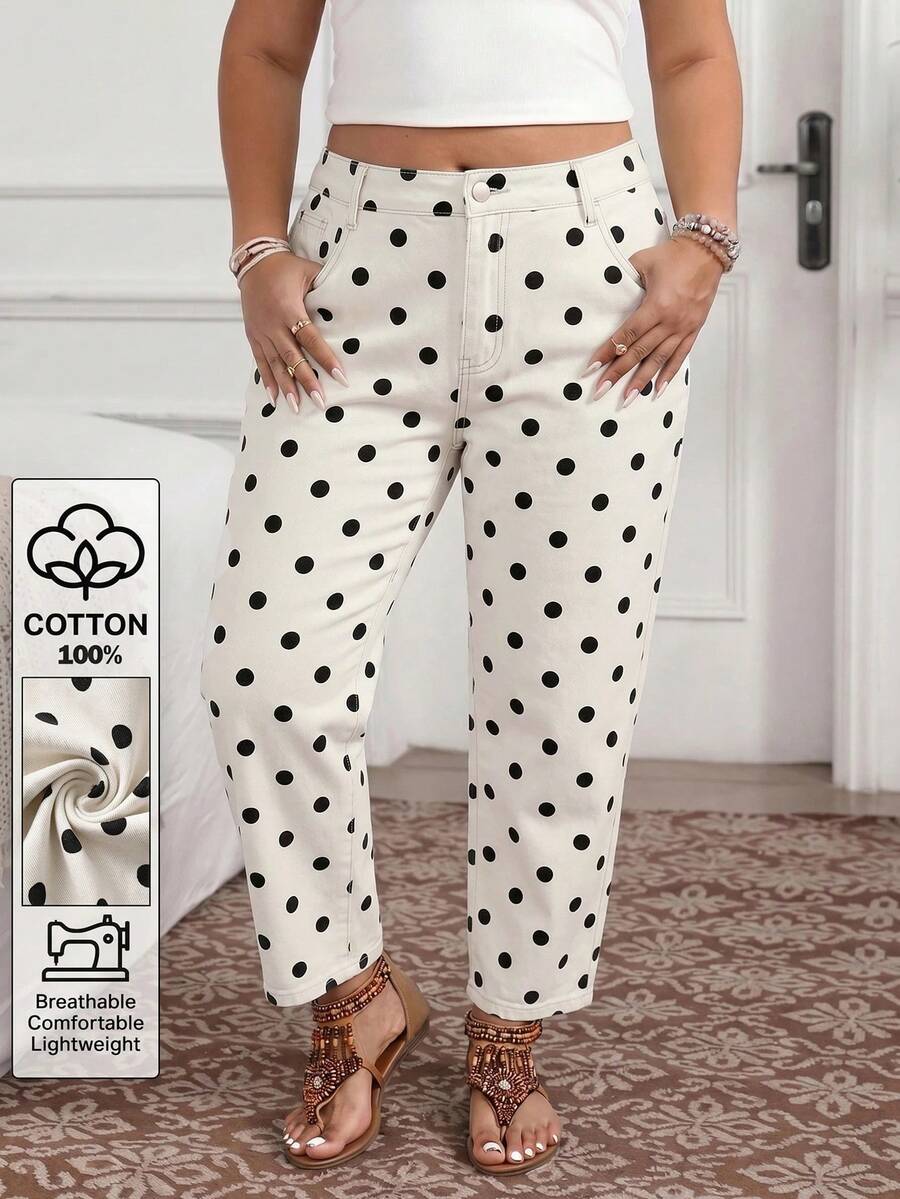 EMERY ROSE Women's Plus Size Polka Dot Long Pants - Black and White - View 1