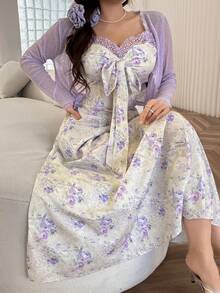 Feyla Set 2 Potong Atasan Lengan Panjang Warna Polos Ukuran Besar & Gaun Camisole Motif Bunga - MultiWarna - View 2