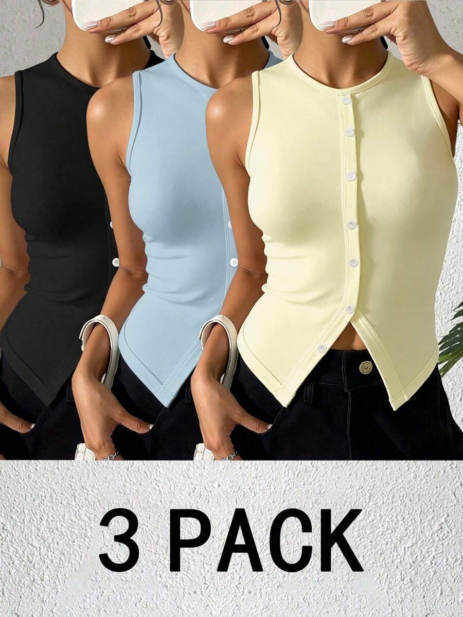 Chiquease Women's Solid Color Fashion Elegant Small Round Neck Sleeveless Split Fitted Button Vest 3-Piece Set - Multicolor - View 1