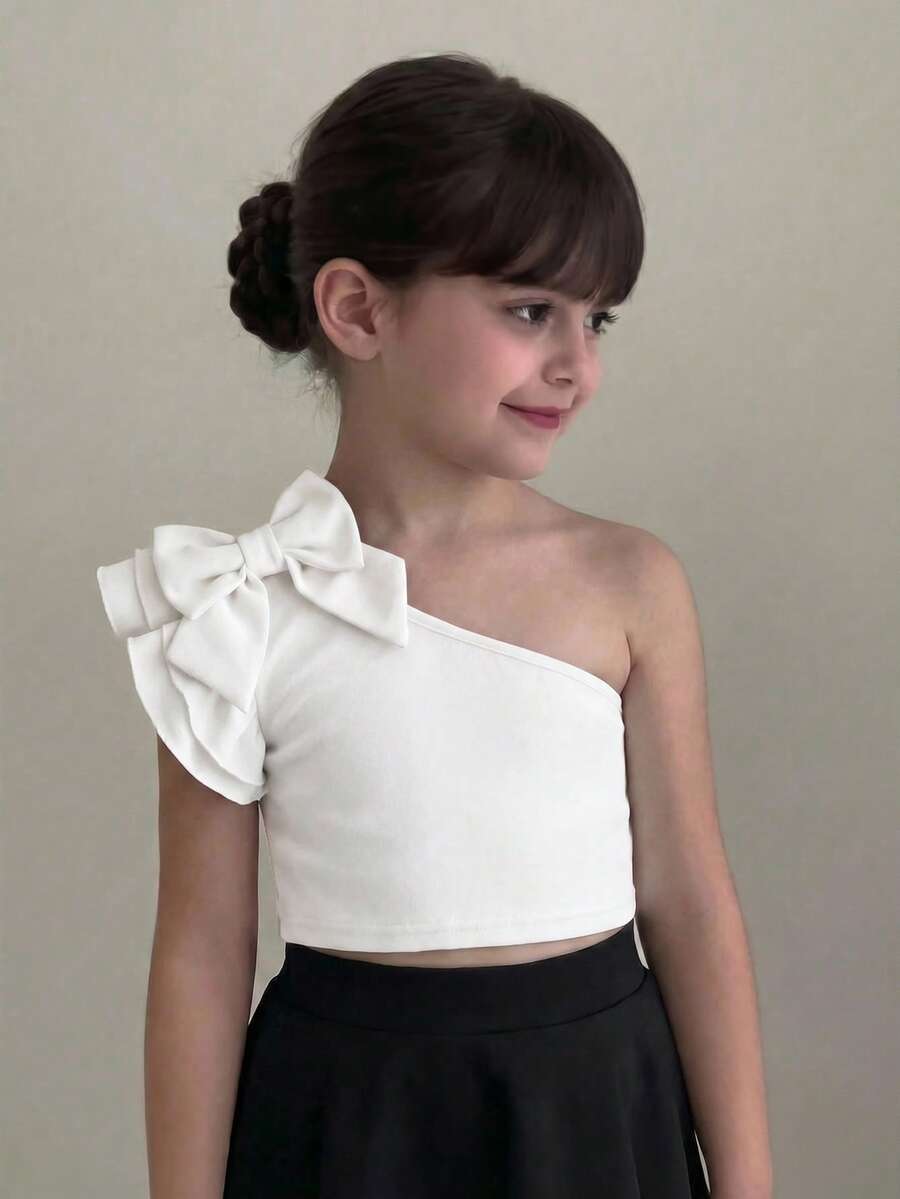 SHEIN Top de un solo hombro con volantes y lazo asimétrico de unicolor para niñas jóvenes en verano - Blanco - Ver 1