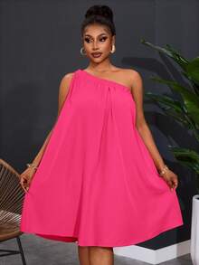 Slaydiva Plus Size Women's One Shoulder Sleeveless Solid Color Wide Leg Dress - Hot Pink - View 1