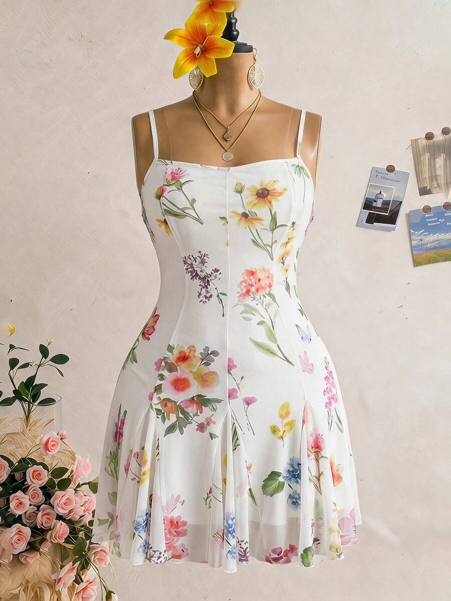 SHEIN MOD Đầm hoa cỡ lớn dành cho nữ, đầm đi nghỉ mát/hẹn hò kiểu lãng mạn, đầm hoa mùa hè, đầm kiểu cô hầu gái, đầm maxi hai dây màu trắng hoa cỡ lớn độc đáo, phù hợp cho mùa hè thường ngày hoặc tiệc ngoài trời. Chân váy ngắn in hoa mùa hè.