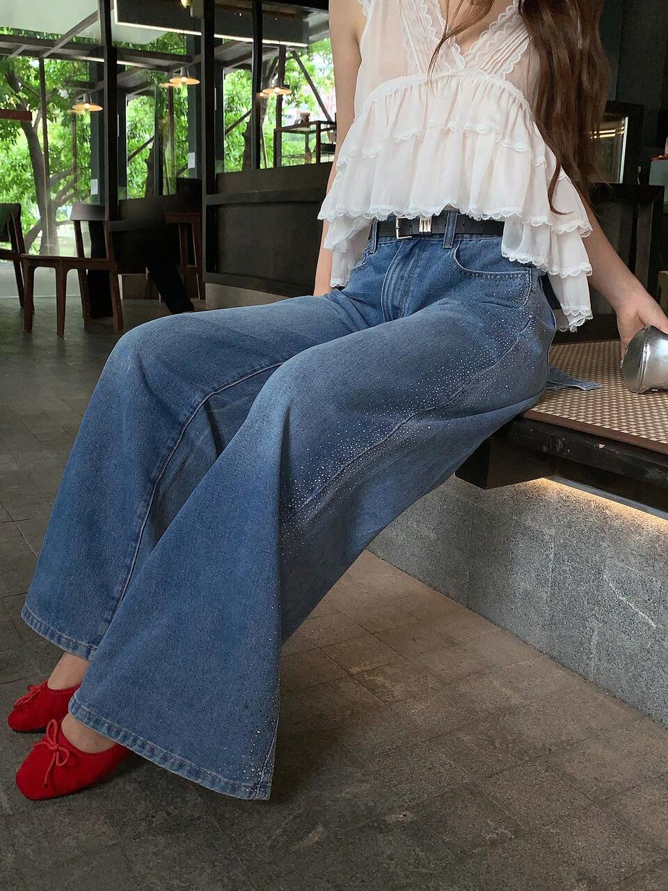 Women's Bowknot Rhinestone Embellished Loose Casual Pants Cute Tops