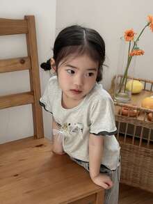 DAZY Baby Girl Round Neck Cartoon Short Sleeve 2 In 1 Print Top Summer Toddler - Grey - View 6