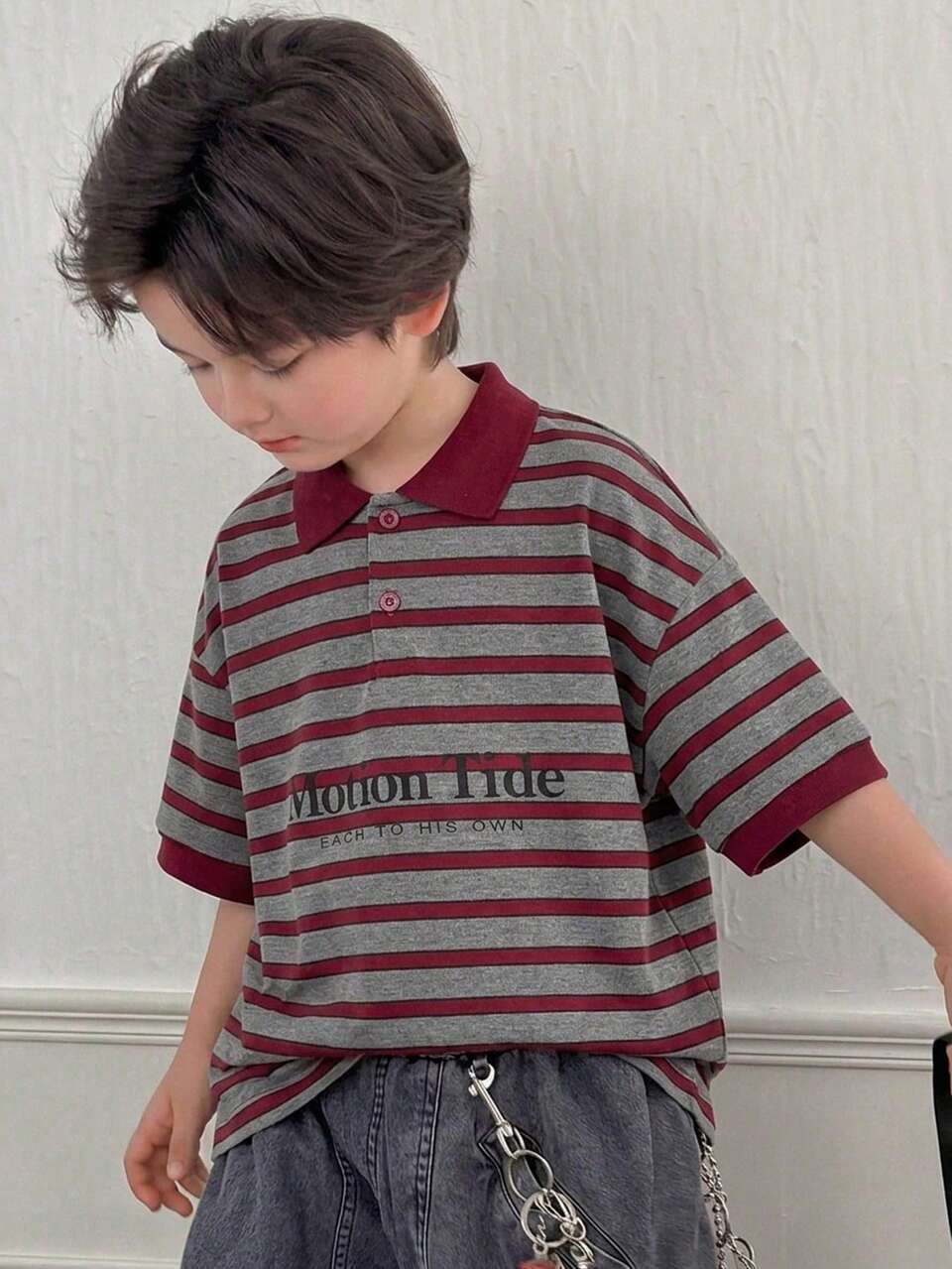 Lapel Contrast Color Striped Letter Print Loose Cool Short Sleeve Tween Boy T-Shirt