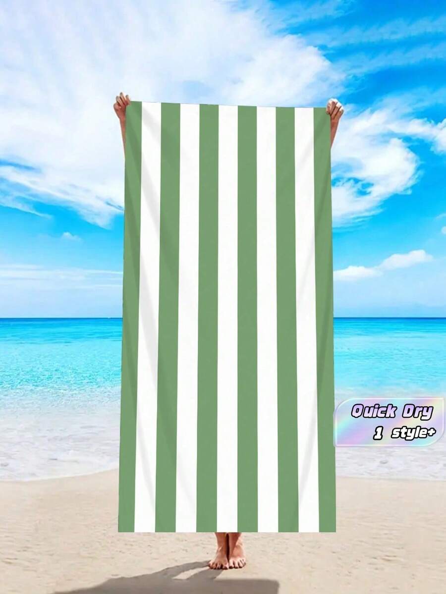 1 Piece Green Simple Stripe Beach Towel Oversized Microfiber Quick Dry Absorbent Sand Proof For Travel Swimming Pool Yoga Gym Sports Accessory Seaside Vacation Essential Gift Must Have - Green - View 1