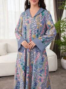 SHEIN Najma 女款花卉印花休閒派對旅行阿拉伯風洋裝 - 藍色 - 查看 6