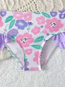 SHEIN Young Girl Multicolor Floral Print 3D Bow Decor Tank Top And Triangle Bottom Swimsuit Set - Purple - View 5