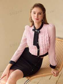 MOTF PREMIUM CONTRAST BINDING RUFFLE TRIM BLOUSE,SPRING/SUMMER - Pink - View 1