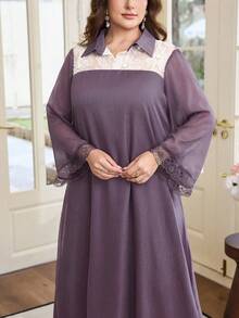 Al Najma Vestido largo de manga larga de gasa morada brillante, con parches de encaje floral, tela bordada con cuentas, vestido maxi elegante y holgado con cuello de camisa, talla grande - Morado - Ver 4