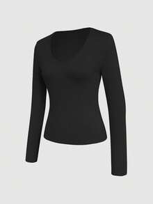 Spring/Summer New Women's Solid Color Long Sleeve Casual Versatile T-Shirt - Black - View 3
