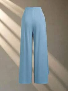 Franclia Celana Panjang Kasual Elegan Model Lurus Warna Biru dan Emas, Bahan Chiffon Patchwork Lembut dan Mengalir Asimetris, Kancing Logam, Gaya Kantor Musim Gugur yang Serbaguna - Dusty Blue - View 2