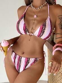 Livesso Women's Summer Beach Vacation Bikini Set With Triangle Top, Ring Connector, Striped Print, And Side Tie Bottoms - Multicolor - View 4