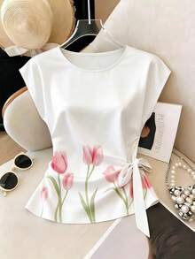 SHEIN Franclia Áo thun nữ cổ tròn không tay dáng rộng in hoa - trắng - Xem 1
