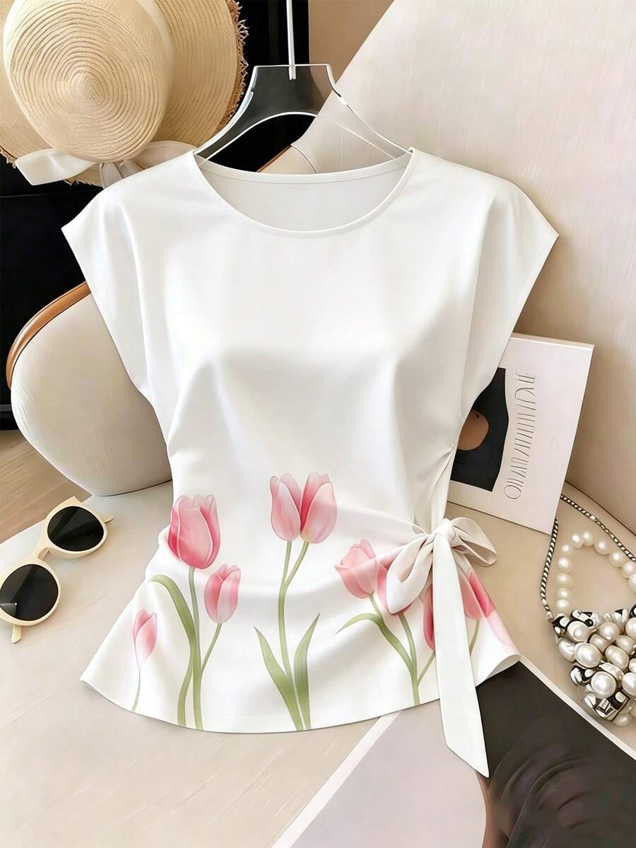 SHEIN Franclia Áo thun nữ cổ tròn không tay dáng rộng in hoa - trắng - Xem 1