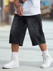 Manfinity EMRG Celana Pendek Denim Pria Ukuran Besar Model Lebar Warna Abu-abu Gelap untuk Petualangan, Kasual Musim Panas, Liburan - Grey - View 4