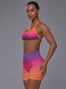 Musera Sport Bra Olahraga Model Ombre Motif Belahan Dada Dalam, Bagian Dada Berkerut, Punggung Terbuka, Model Halterneck, Atasan Saja, Cocok untuk Aktivitas Olahraga, Pilates, Lari, Imut, Feminin, Sehari-hari, Slowburn - MultiWarna - View 3