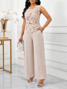 SHEIN Lady 女款刺繡鏤空法式上衣與休閒口袋寬鬆長褲兩件套 - 杏色 - 查看 3