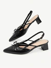 CUCCOO CHICEST Black Oily Leather Pointed Bow Slingback Thick Heel Sandals, Workplace Commuting Temperament Shoes - Avocado black - View 9