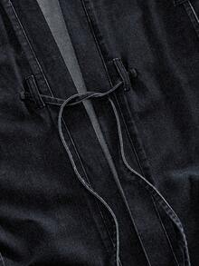 ROMWE MEN Grunge Punk 男士短袖休閒鈕扣式修身條帶牛仔襯衫 - 藍色 - 查看 4