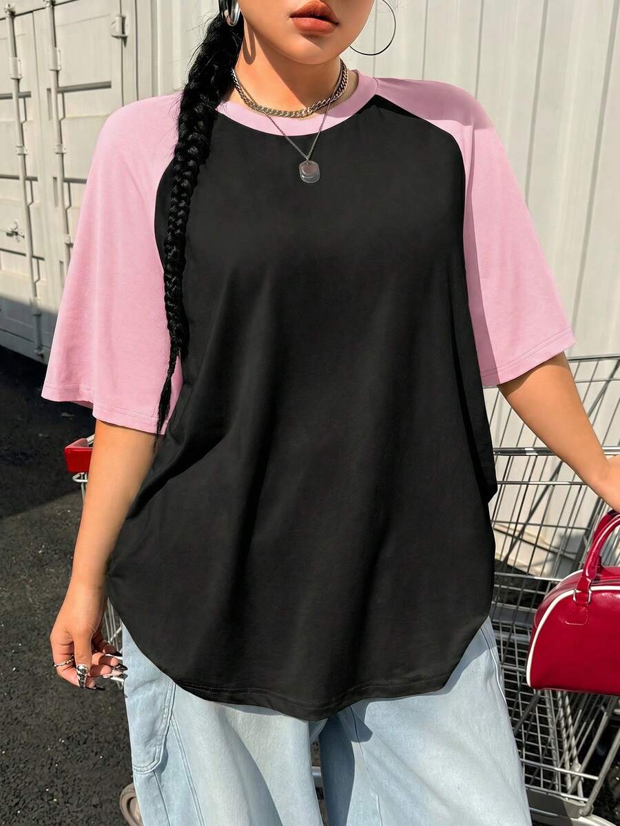 Muchica Camiseta Talla Grande de Verano Básica Casual con Manga Raglán Multicolor Patchwork Manga Corta Ajuste Holgado - Negro - Ver 1