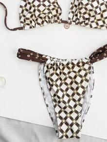 Swim Mod Spring/Summer 2-Piece Women's Beach Outfit, Fashionable Cute Sexy Vacation Beach Swim Pool Party Random Print Plaid Floral Button-Up Halter Neck Backless Tie-Front Triangle Top And Brazilian Bikini Bottom Set - Multicolor - View 6