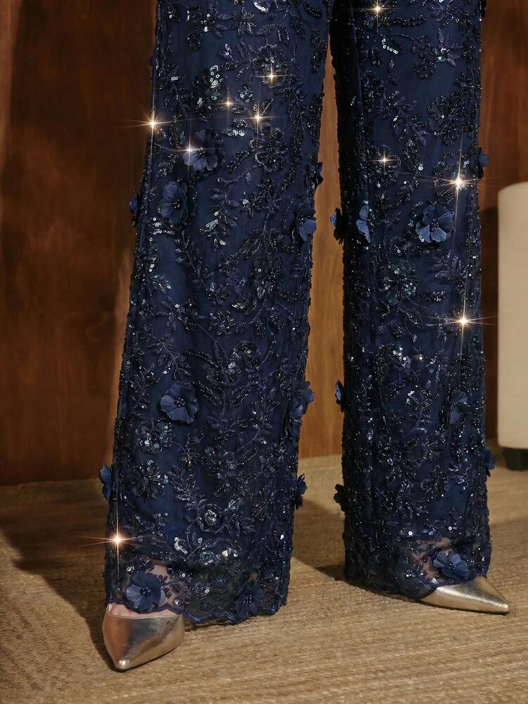 Modern Navy Blue Premium Feel Date Night 3D Floral Mesh Sequin Straight Leg Pants, Elegant Vacation Style