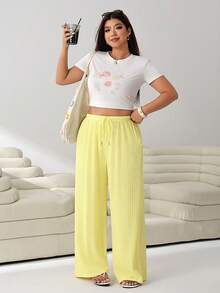 Solflare Plus Size Casual Versatile Drawstring Waist Solid Color Textured Pants Fall - Yellow - View 4