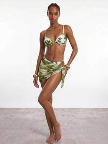 Maija Women's Summer Vacation Beach Allover Print Ruched Spaghetti Strap Bikini Set With Cover-Up And Skirt Bathing Suits For Women - Green - View 3